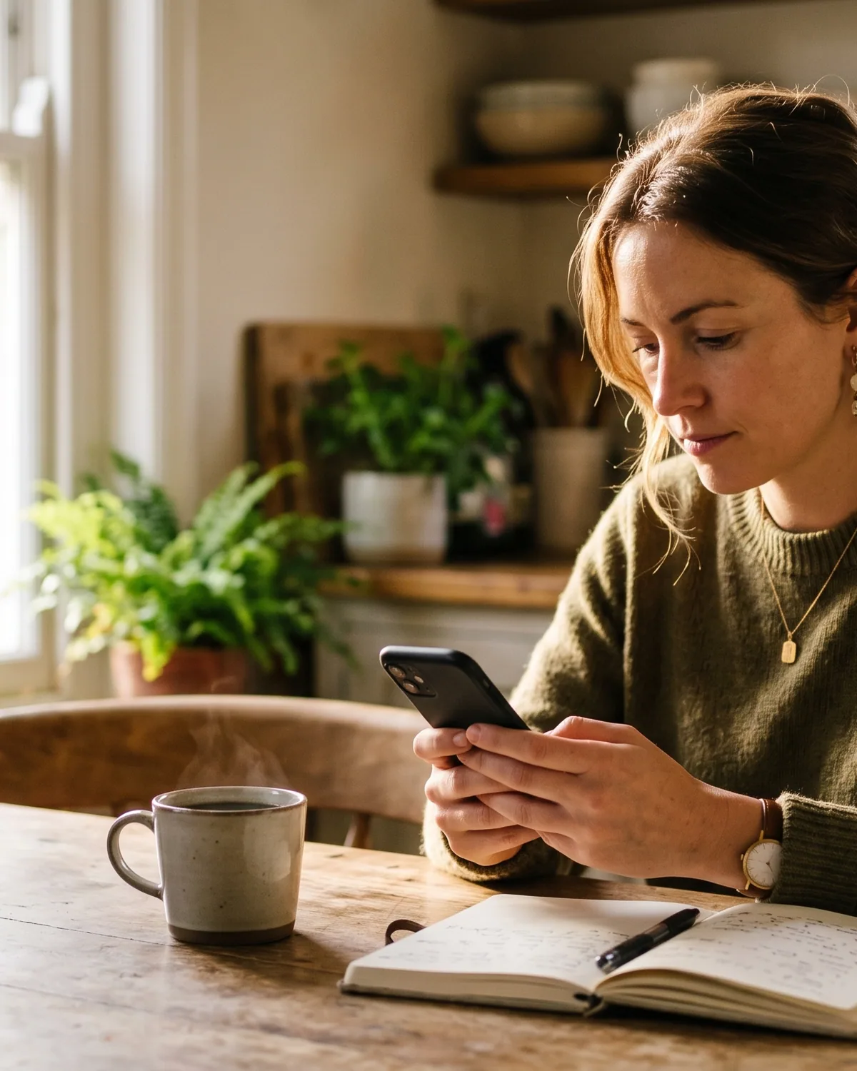 Eine Person am Küchentisch im Morgenlicht, Smartphone in der Hand, Kaffeetasse daneben